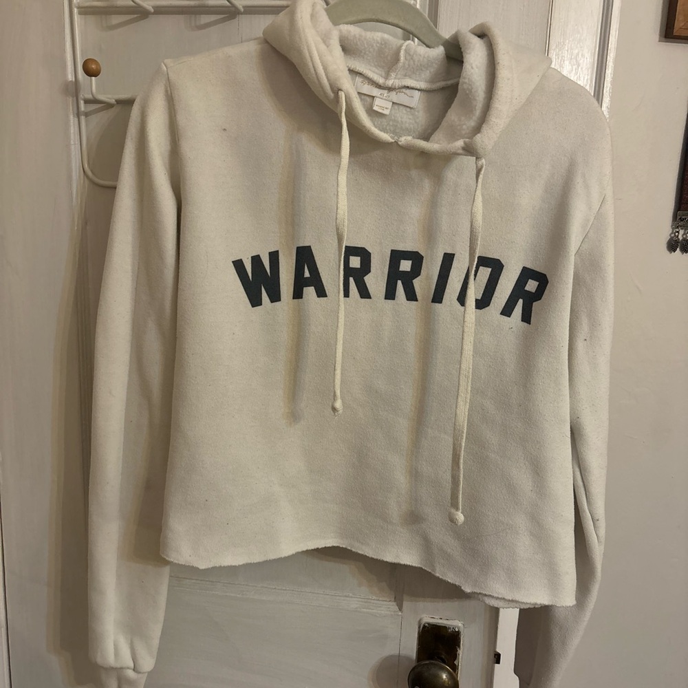 Spiritual Gangster Cream 'Warrior' Cropped Hoodie with Black Lettering